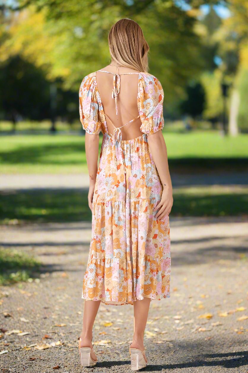 Baevely Open Back Floral Print Sweetheart Midi Dress - Multi