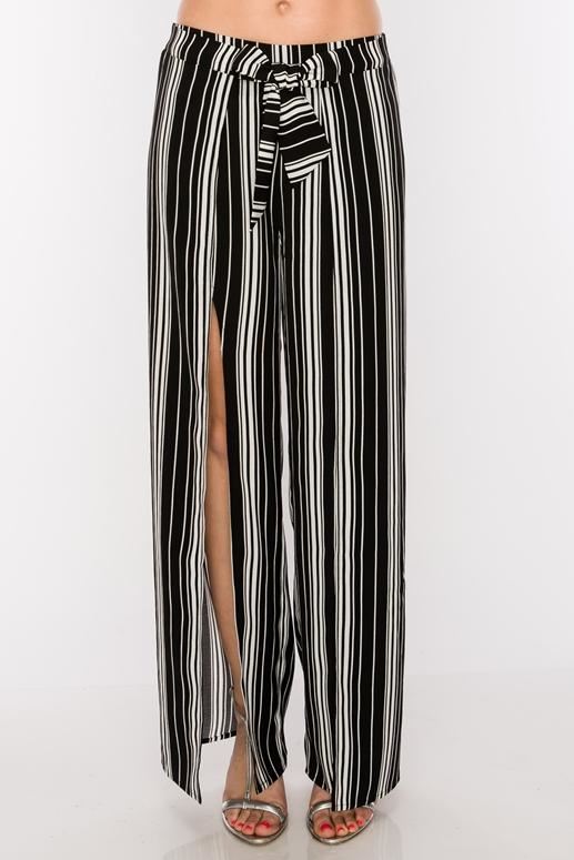 Split Front Chic Striped Pants - Black