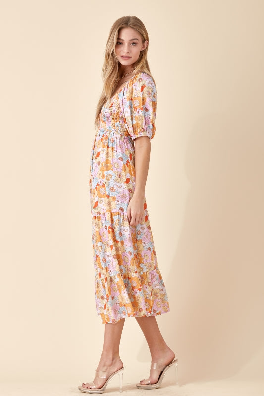 Baevely Open Back Floral Print Sweetheart Midi Dress - Multi