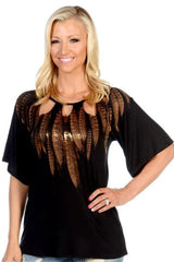 Feathers Jersey Cut Out Bronze Foil Top - Black