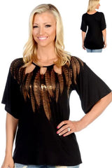 Feathers Jersey Cut Out Bronze Foil Top - Black