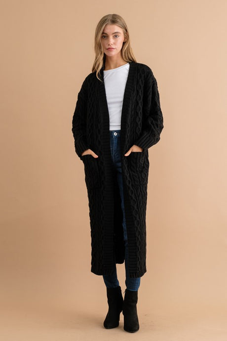 Charlene Long Duster Cable Sweater - Black