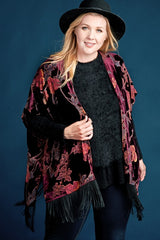 Floral Burnout Velvet Fringe Kimono - Burgundy