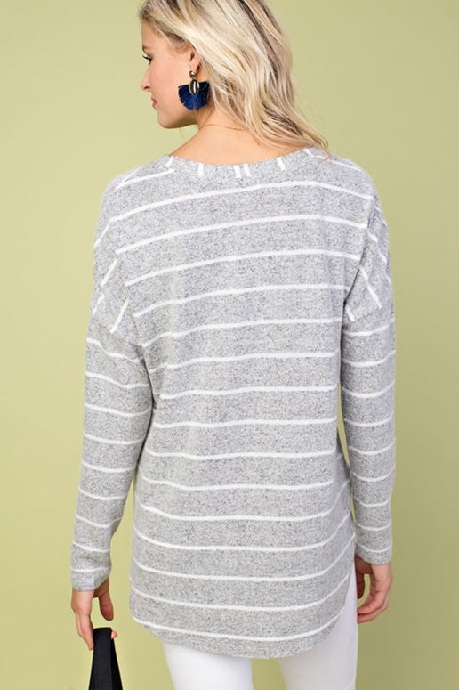 Just Selfie Me Stripe Knot Knit Top - Heather Gray