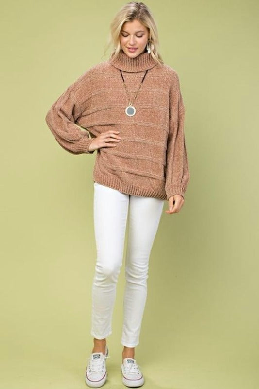 Main Strip Chenille Turtleneck Sweater Top - Camel