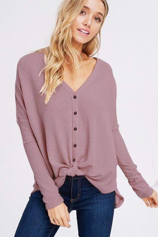 Rachael Waffle Top [Optional Waist Tie] Button Up