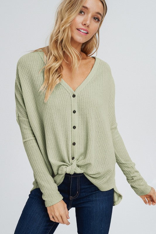 Rachael Waffle Top [Optional Waist Tie] Button Up