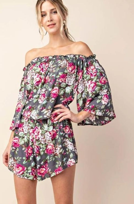 Kori Floral Print Romper - Gray