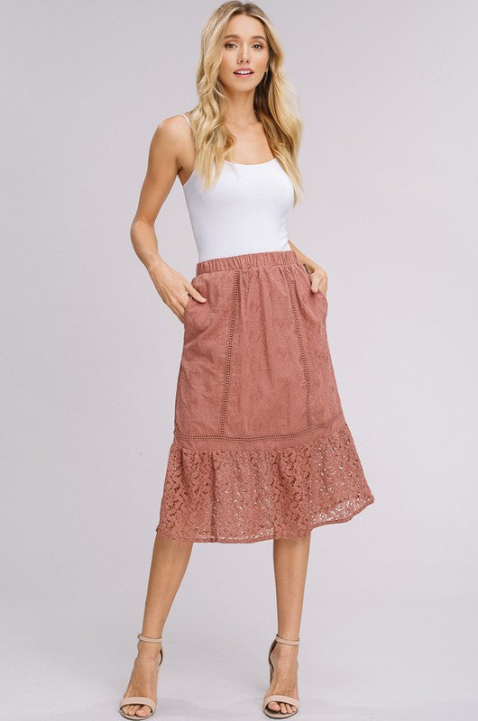Embroidered Roses & Lace Midi Skirt - Dried Rose