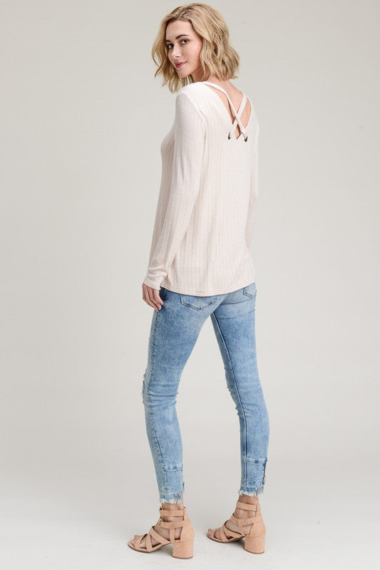 Doe & Rae Ribbed V Neck Cross Back Top - Avocado or Taupe