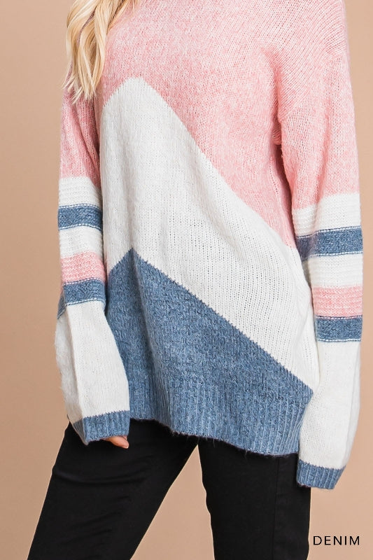 Soft Colorblock Sweater Top - Peach Denim