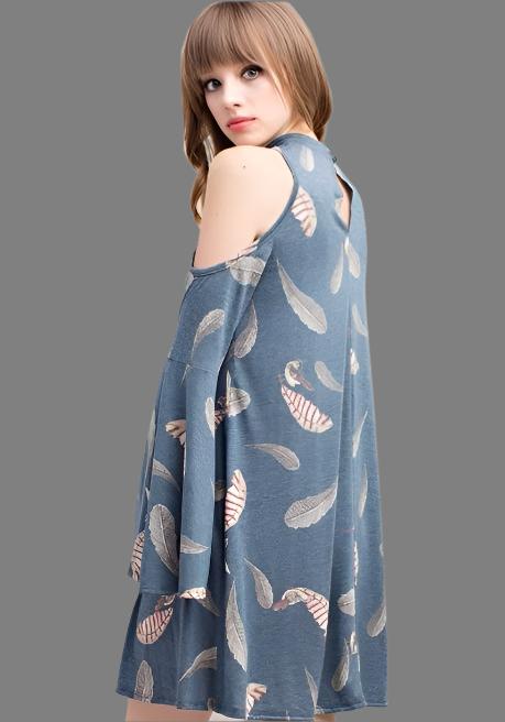 Wide Bell Sleeve Open Shoulder Dress - Dusty Navy