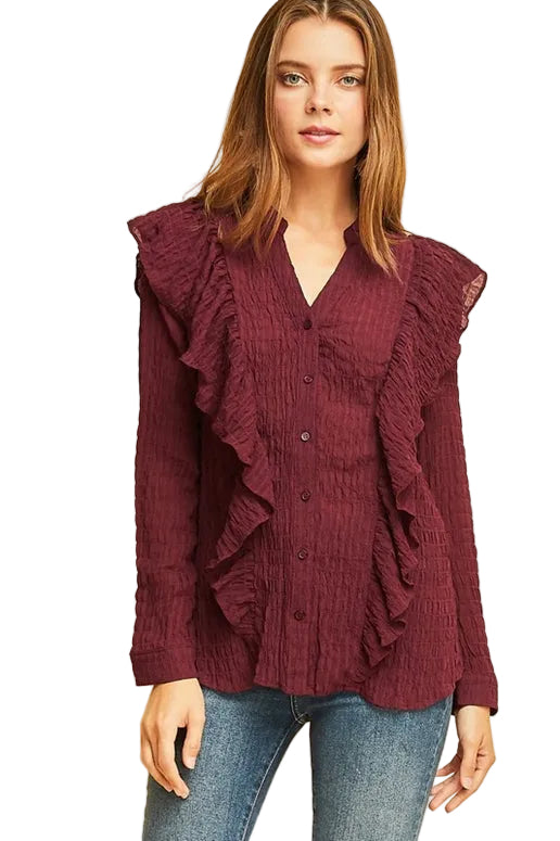 Entro Plisse Ruffle Button Down Shirt Blouse - Wine