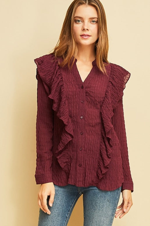 Entro Plisse Ruffle Blouse - Wine