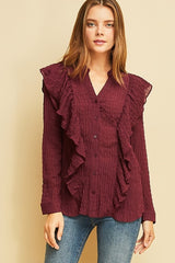 Entro Plisse Ruffle Blouse - Wine