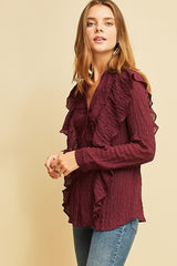 Entro Plisse Ruffle Blouse - Wine