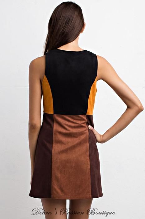 Lunik Faux Suede Colorblock Dress - Brown Multi