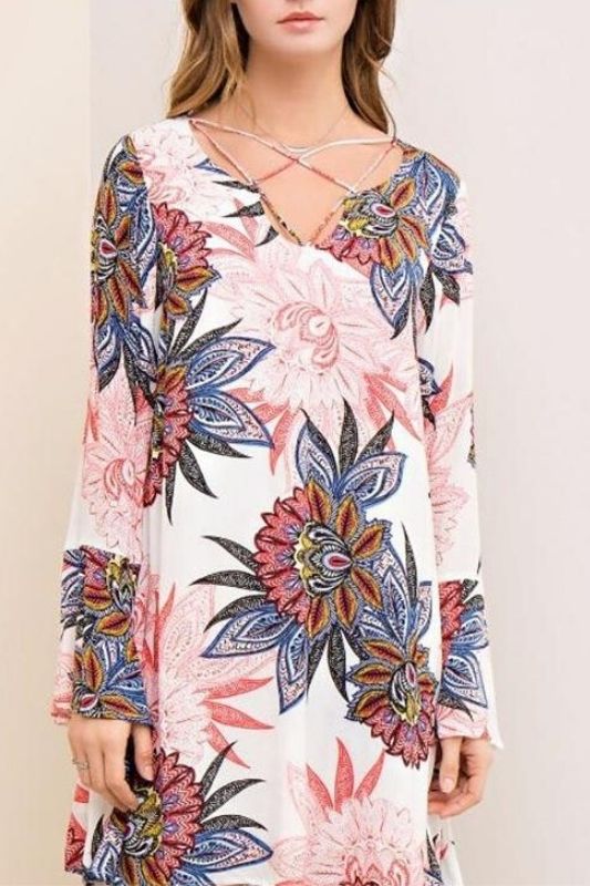 Entro Floral Bell Sleeve Shift Dress with Strappy Neckline
