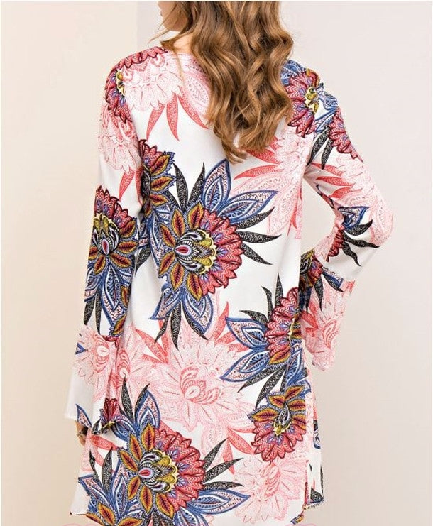Entro Floral Bell Sleeve Shift Dress with Strappy Neckline