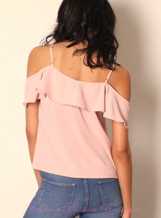 Lunik Cold Shoulder Ruffle Top - Dusty Pink