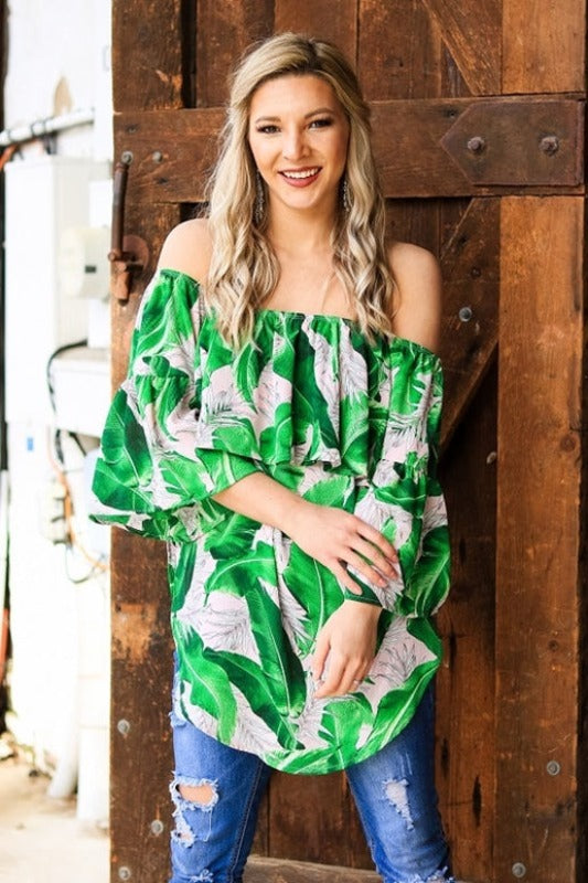 Green Leaf Off Shoulder Tunic Blouse – Crepe Boho Top