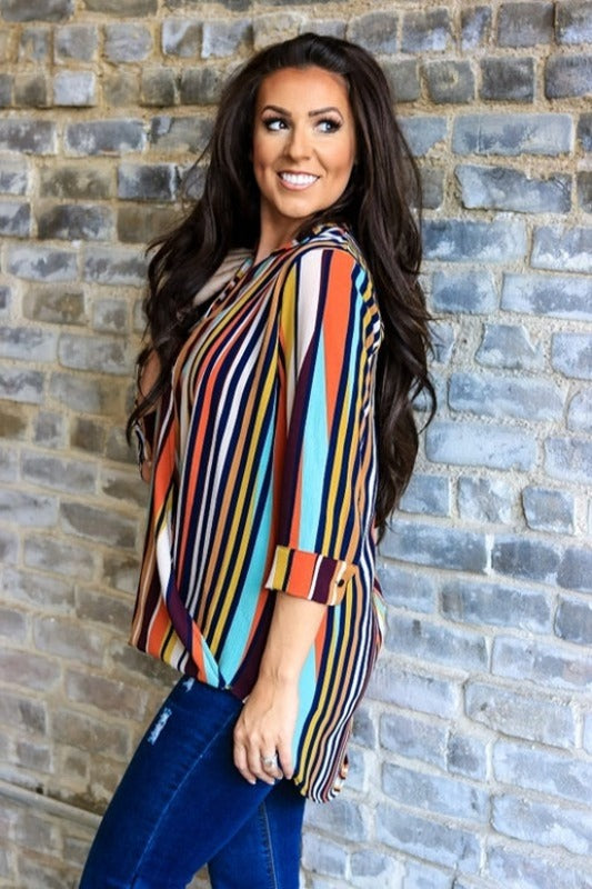Multicolor Vertical Stripe Tunic Blouse – Roll Tab Sleeve Top