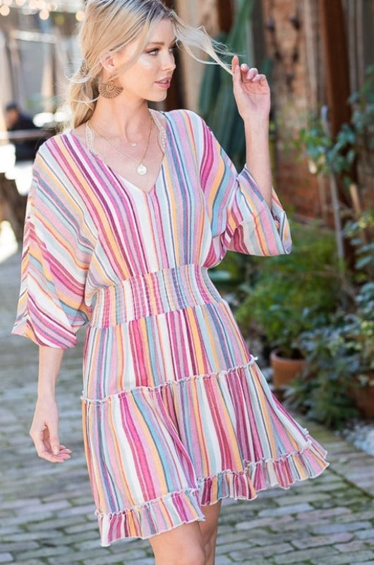 Sherbert Striped Ruffle Tiered Dress - Blush Multi