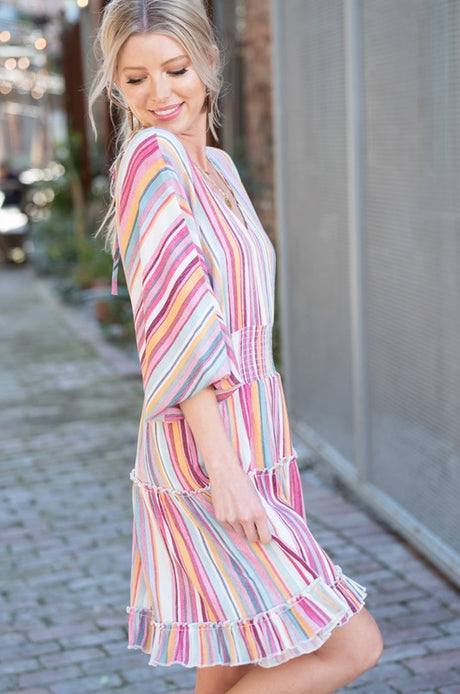 Sherbert Striped Ruffle Tiered Dress - Blush Multi