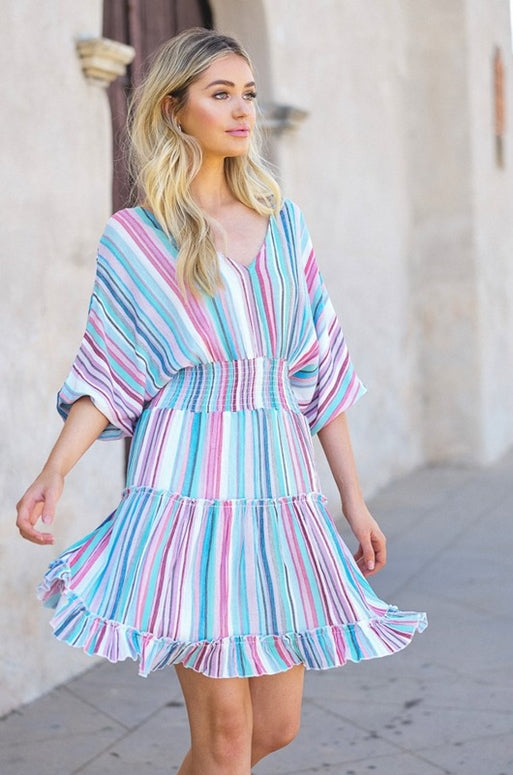 Ocean Striped Ruffle Tiered Dress - Blue Multi