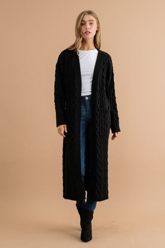 Charlene Long Duster Cable Cardigan Sweater - Black