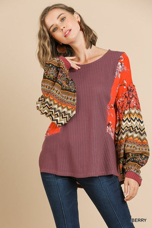 Umgee Waffle Mixed Fabric Sleeve Top - Berry