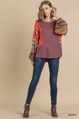 Umgee Waffle Mixed Fabric Sleeve Top - Berry