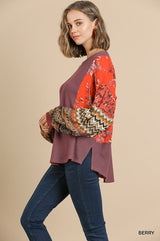 Umgee Waffle Mixed Fabric Sleeve Top - Berry