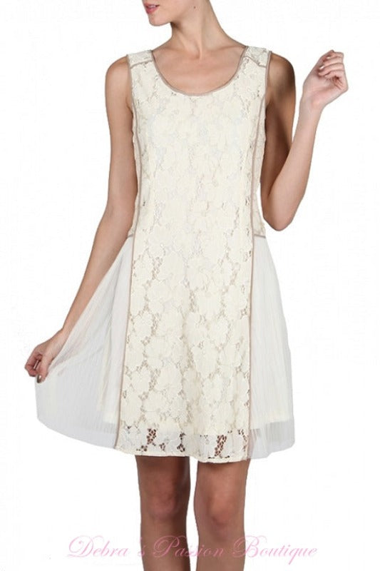 A'Reve Romantic Lace & Mesh Dress - Cream