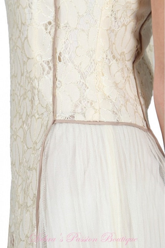 A'Reve Romantic Lace & Mesh Dress - Cream