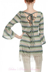 A'Reve Back Lace Up Fringe Tunic - Teal Multi