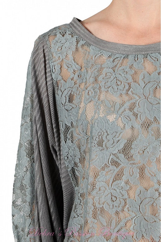 A'Reve Sheer Lace Fringe Blouse - Grey