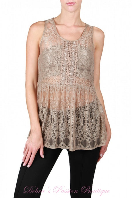A'Reve Beaded Lace Tank - Taupe