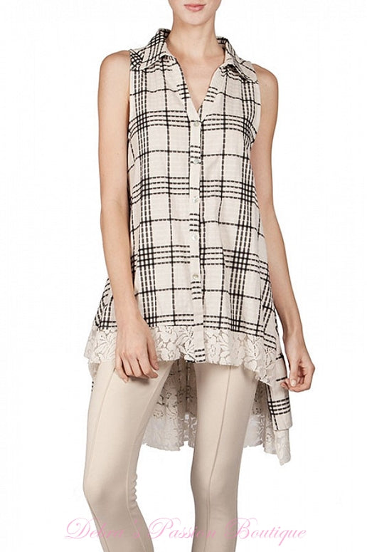 A'Reve Checkered Plaid Shirt Hi Lo - Ivory