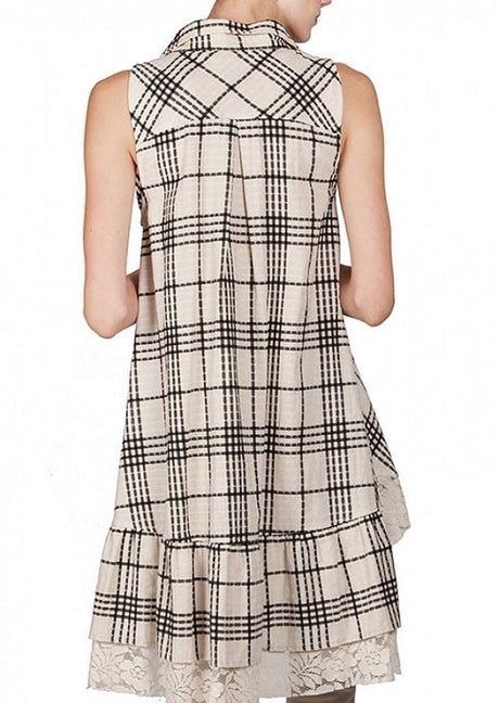 A'Reve Checkered Plaid Shirt Hi Lo - Ivory