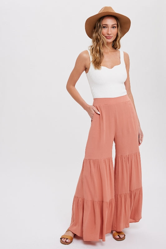 Tiered Ruffle High Waist Palazzo Pants - Clay