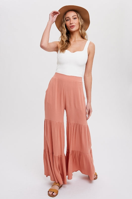 Tiered Ruffle High Waist Palazzo Pants - Clay