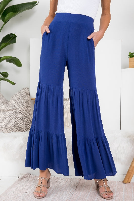 Tiered Ruffle High Waist Palazzo Pants - Cobalt