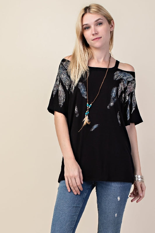 Vocal Cut Out Shoulder Feathers T Shirt - Black