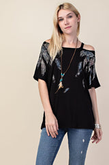 Vocal Cut Out Shoulder Feathers T Shirt - Black