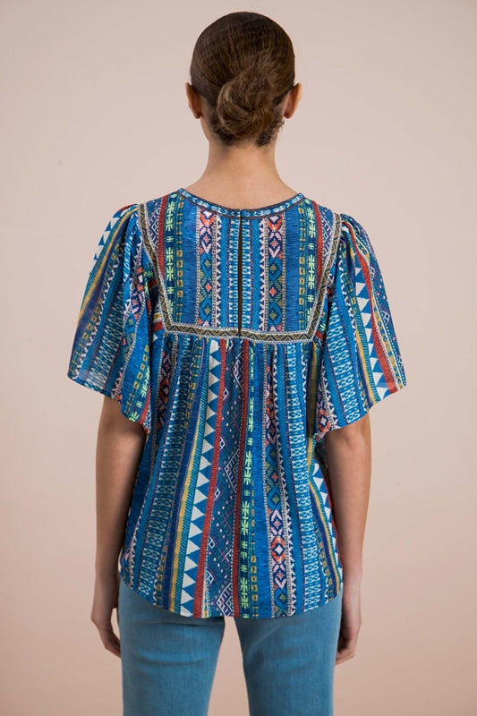 Sausalito Flutter Sleeve Shirred Blouse - Blue