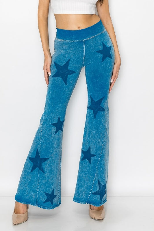 T-Party Foldover Yoga Star Print Pants - Blue