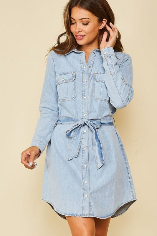 Denim Belted Snaps Up Dress
