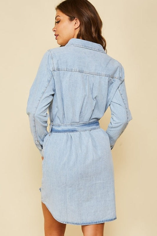 Denim Belted Snaps Up Dress - Light Wash Blue