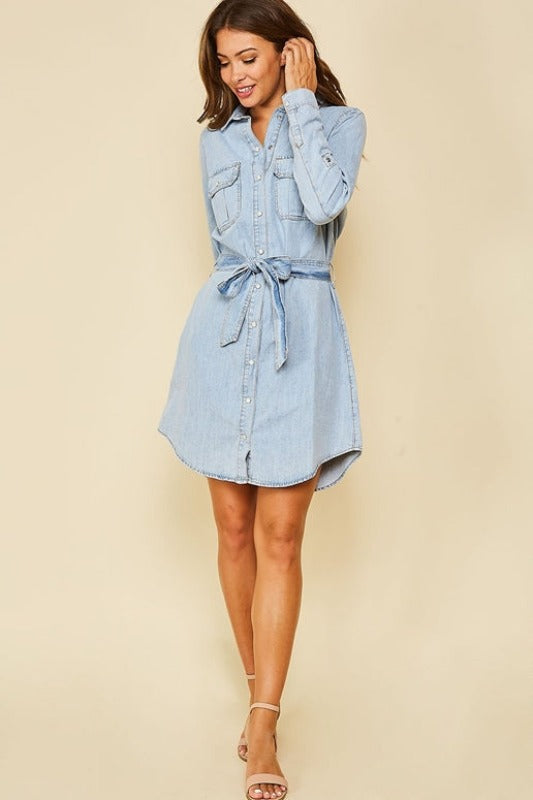 Denim Belted Snaps Up Dress - Light Wash Blue